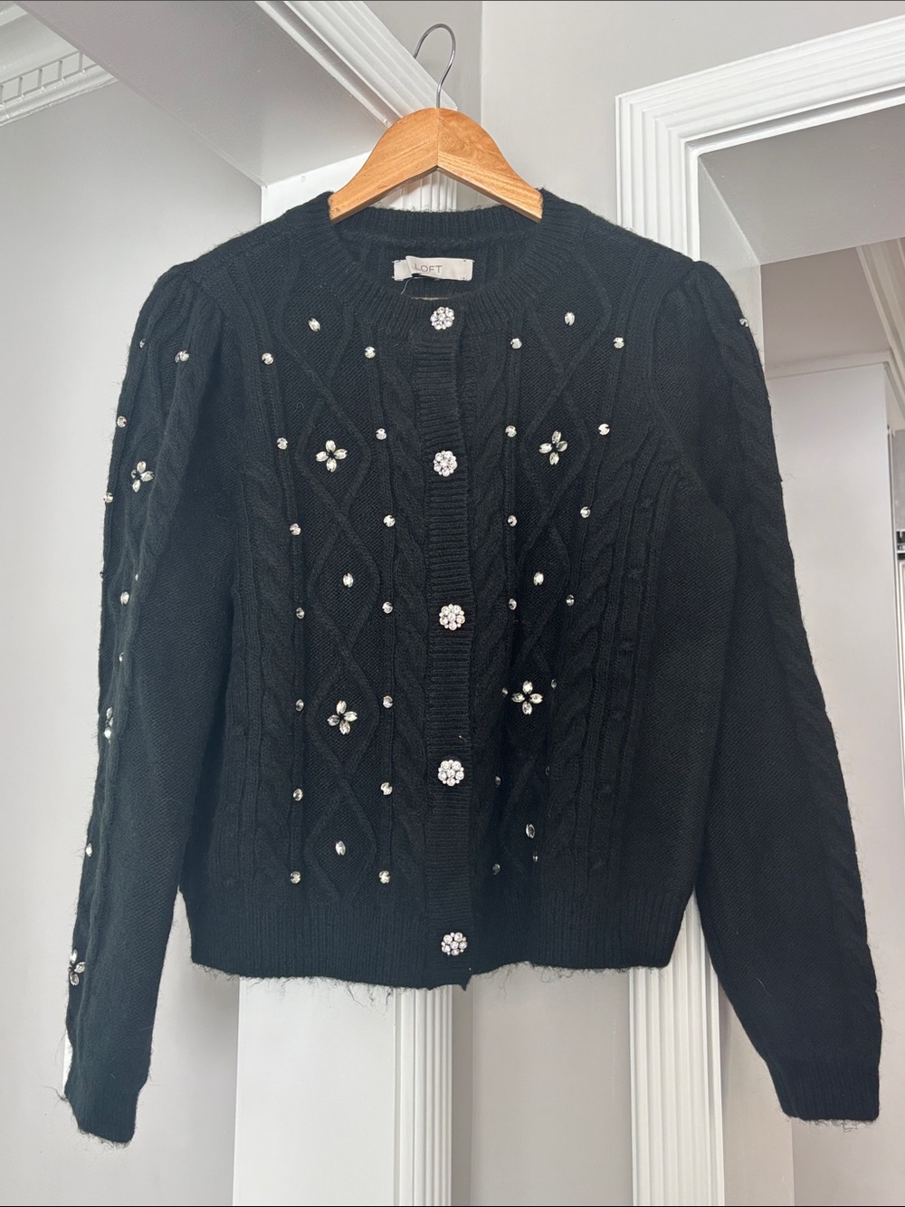 LOFT Black Jeweled Cable-Knit Cardigan